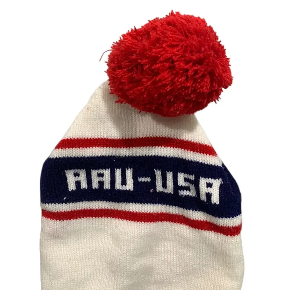 Vintage Ski Beanie Hat Pom Pom AAU-USA One Size Adult